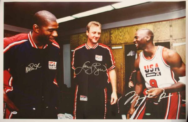 Michael Jordan, Magic Johnson & Larry Bird Signed 32" x 25.5" Rare Oversized Canvas Print (UDA & PSA/DNA)