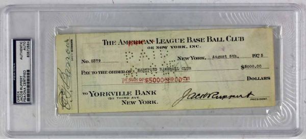 NY Yankee History: Jack Ruppert Signed 1925 Bank Check for the Purchase of Leo Durocher (PSA/DNA Encapsulated)