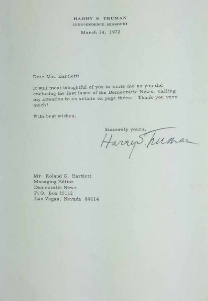 President Harry S. Truman Signed 1972 Typed Letter (JSA)