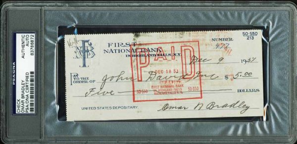 General Omar Bradley Signed 1957 Bank Check (PSA/DNA Encapsulated)