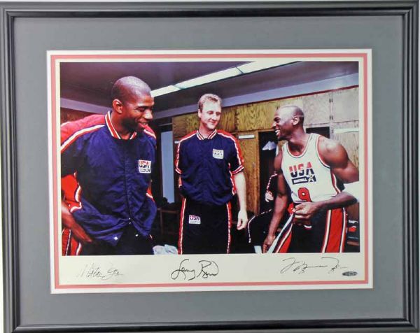 Michael Jordan, Larry Bird & Magic Johnson Signed & Framed 16" x 20" Photo (UDA)