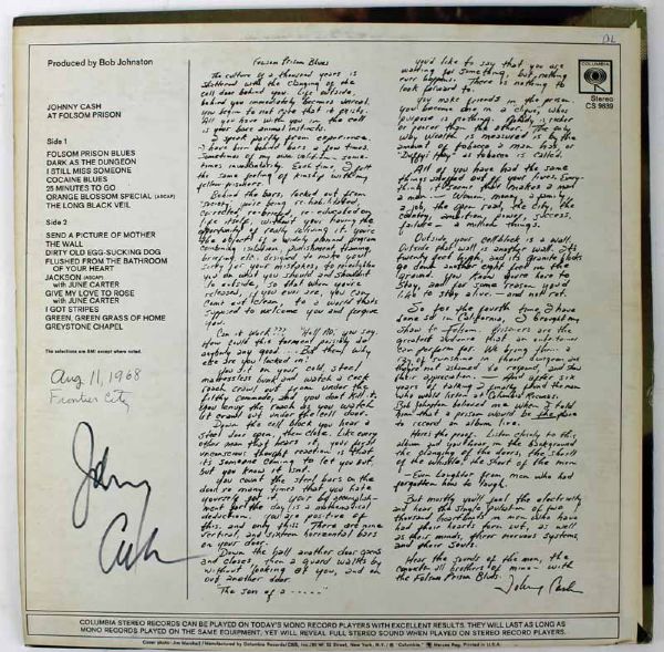 Johnny Cash ULTRA-RARE Vintage c. 1968 Signed Folsom Prison Album (PSA/JSA Guaranteed)