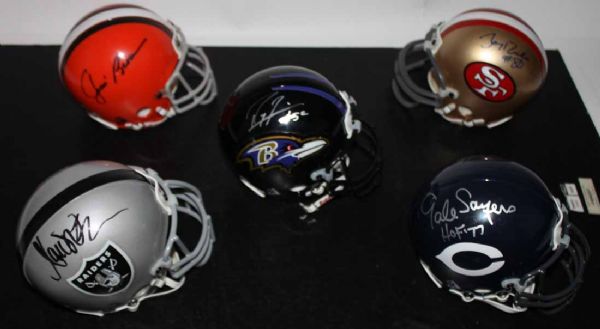 Lot of Five (5) Signed Mini-Helmets w/ Jim Brown, Rice, Lewis, Sayers & Allen! (PSA/JSA Guaranteed)