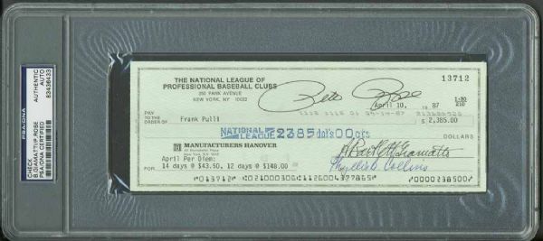 Banned From Baseball: Pete Rose & Bart Giamatti Dual Signed Check (PSA/DNA Encapsulated)