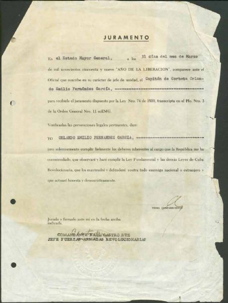 Raúl Castro Rare Signed 1959 Cuban Document (PSA/JSA Guaranteed)