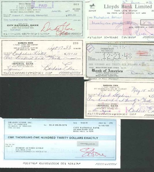 Lot of Eight (9) Signed Bank Checks w/ Sharon Stone, Adam West & Others (PSA/JSA Guaranteed)