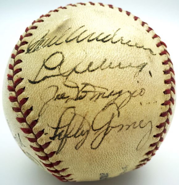 1938 WS Champion NY Yankees Team Signed Baseball w/ ULTRA-RARE Gehrig/DiMaggio Dual Signed Panel! (JSA)