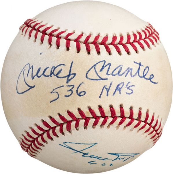 Unique Mickey Mantle & Willie Mays Dual Signed OAL Baseball w/ Home Run Total Inscriptions! (PSA/DNA)