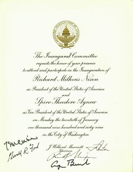 Five Presidents ULTRA-RARE Signed Richard Nixon Inauguration Ticket w/ Nixon, Clinton, Bush, Carter & Ford PSA/DNA Graded MINT 9