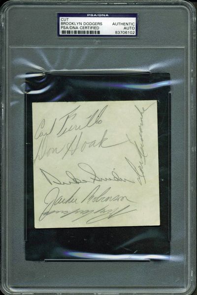 Brooklyn Dodgers Multi-Signed 4" x 5" Album Page w/ Robinson, Campanella & Others (PSA/DNA Encapsulated)