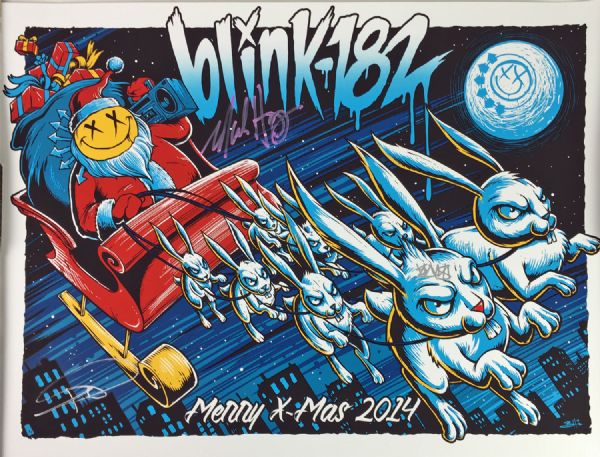 Blink 182 Rare Group Signed 18" x 24" Holiday Lithograph (PSA/JSA Guaranteed)