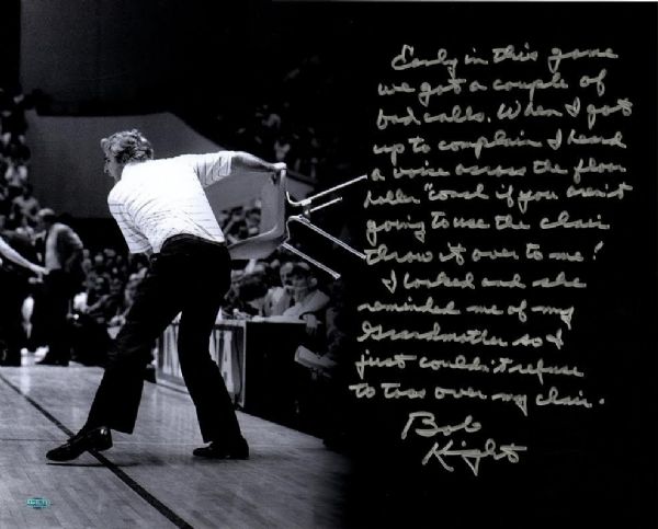 Bob Knight Signed & Inscribed "Chair Throwing" 16" x 20" Photo (Steiner Sports)