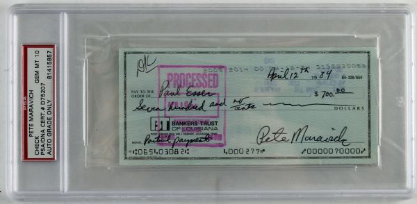 The Perfect Pistol: Pistol Pete Maravich Signed & Handwritten 1984 Bank Check Graded GEM MINT 10 (PSA/DNA)