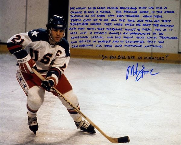 1980 U.S Mens Hockey: Mike Eruzione Signed 16 "x 20" Color Photo w/ Incredible Inscription! (Steiner Sports)