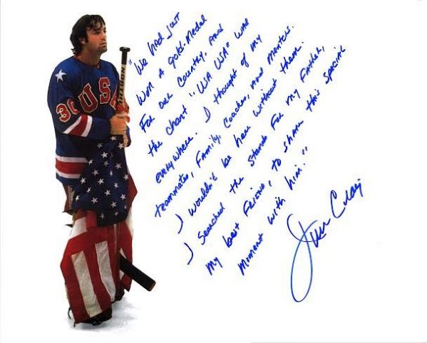 1980 U.S Mens Hockey: Jim Craig Signed 16 "x 20" Color Photo w/ Incredible Inscription! (Steiner Sports)