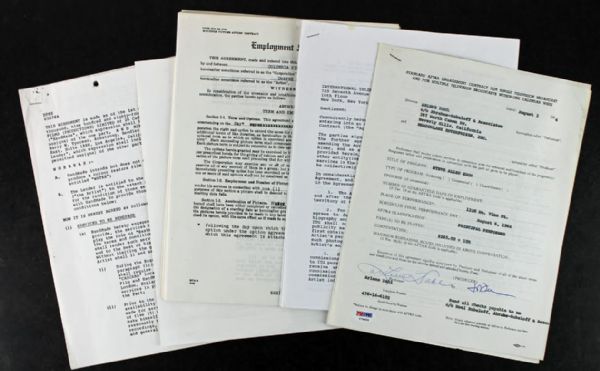 Lot of Eight (8) Signed Vintage Entertainment Contracts (PSA/JSA Guaranteed)