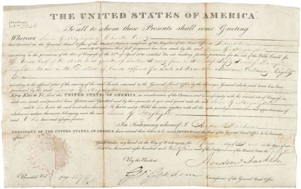  President Andrew Jackson Signed 1829 Land Grant (JSA)