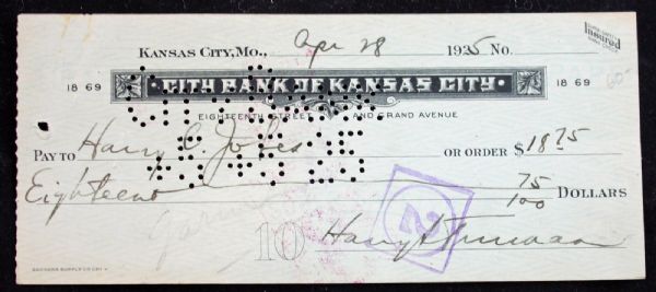 President Harry Truman Signed & Hand Written 1925 Bank Check (JSA)