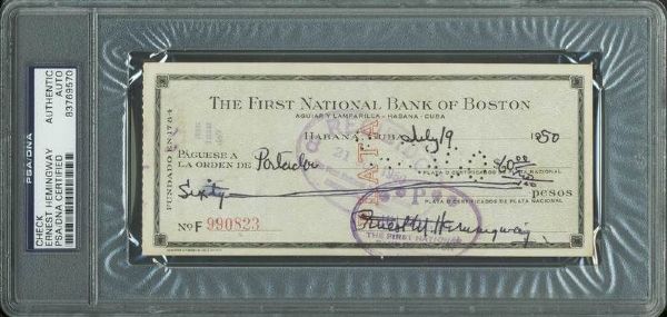 Ernest Hemingway ULTRA RARE Signed Bank Check (1950)(PSA/DNA Encapsulated)