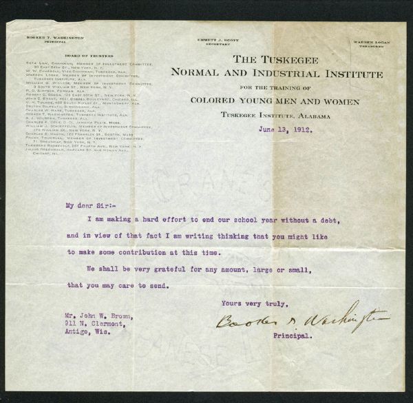 Booker T. Washington Signed 1912 Typewritten Letter (PSA/DNA)