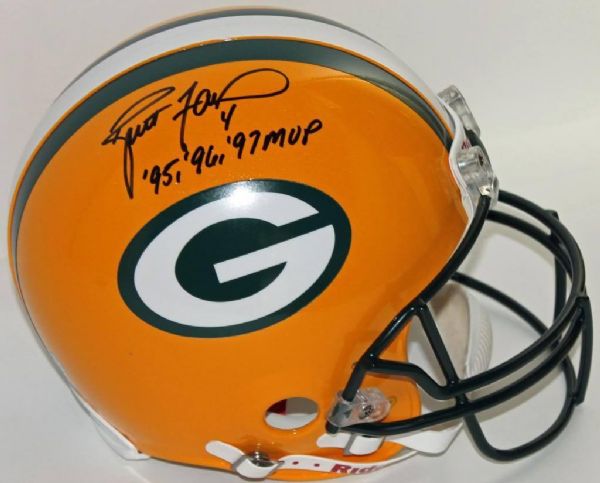 Brett Favre Signed Packers Full Sized PROLINE Helmet with "95, 96, 97 MVP" Inscription (Favre COA)