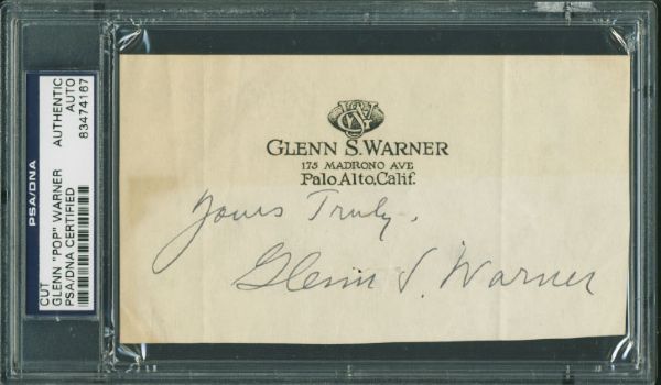 Glenn "Pop" Warner Signed 3.25" x 5.5" Stationary Sheet (PSA/DNA Encapsulated)