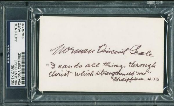 Positive Thinking: Norman Vincent Peale Signed Index Card w/ Handwritten Bible Verse! (PSA/DNA)