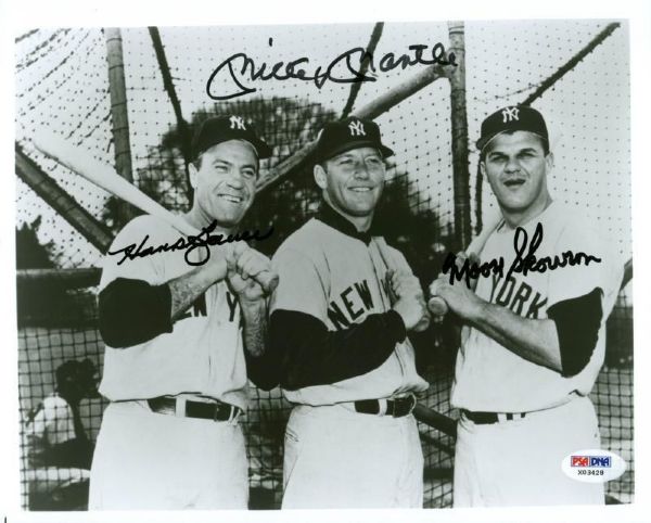 Mickey Mantle, Hank Bauer & Moose Skowron Signed 8" x 10" B&W Photo (PSA/DNA)