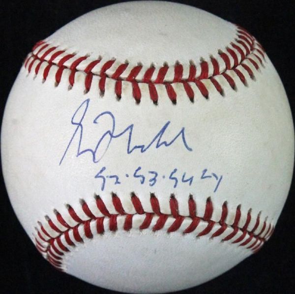 Greg Maddux Signed OML Baseball w/ "92, 93, 94 Cy" Inscription! (PSA/DNA)