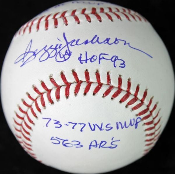 Reggie Jackson Signed OML Baseball w/ 5 Handwritten Stats! (PSA/DNA & JSA)