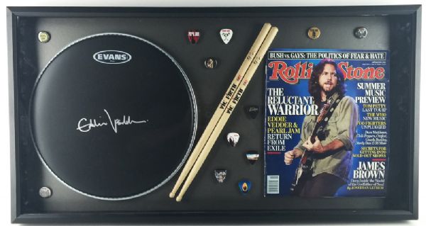 Pearl Jam: Eddie Vedder Signed Drumhead in Custom Framed Display (PSA/JSA Guaranteed)
