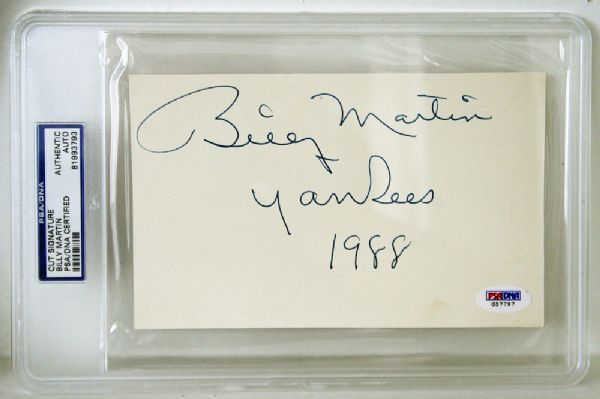 Billy Martin Signed 4" x 6" Sheet with "Yankees, 1988" Inscription (PSA/DNA Encapsulated)