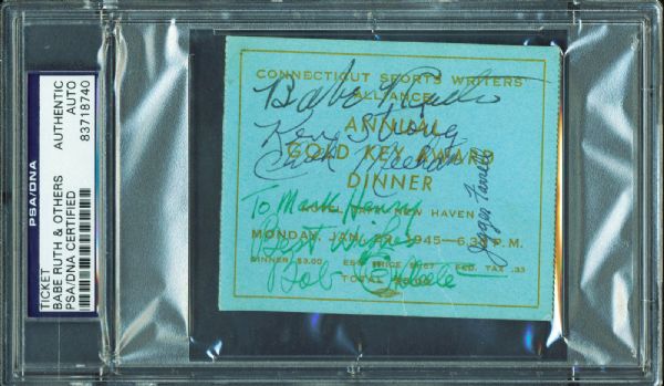 Babe Ruth Signed 1945 3.5" x 4" Dinner Ticket (PSA/DNA Encapsulated)