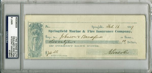 Abraham Lincoln Rare Handwritten & Signed Personal Bank Check - PSA/DNA Graded MINT 9!