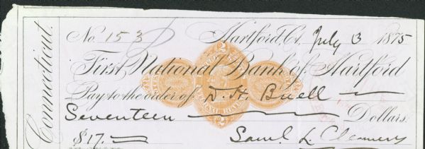 Mark Twain Signed 1875 Bank Check w/ Samuel L. Clemens Autograph! (PSA/JSA Guaranteed)
