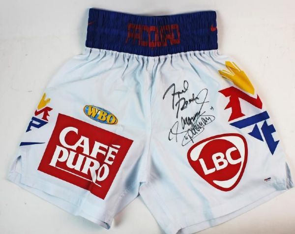 Manny Pacquiao & Freddie Roach Dual-Signed Pacquiao Model Boxing Trunks (PSA/DNA)