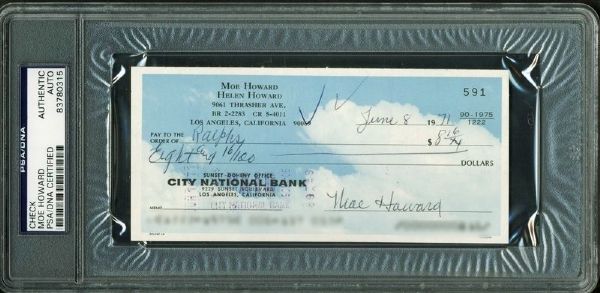 Three Stooges: Moe Howard Handwritten & Signed Personal Bank Check (PSA/DNA Encapsulated)