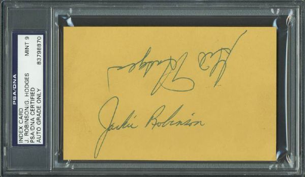 Jackie Robinson & Gil Hodges Signed 3" x 5" Cut (PSA/DNA Graded MINT 9)