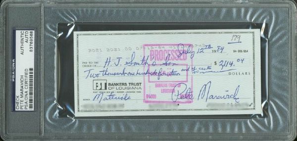 Pistol Pete Maravich Handwritten & Signed Personal Bank Check (PSA/DNA Encapsulated)