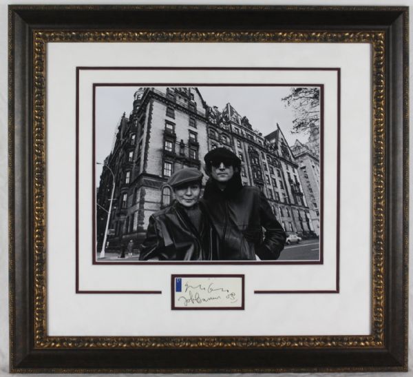 The Beatles: John Lennon & Yoko Ono Signed Framed Display w/Lennon Hand Drawn Sketch (JSA)