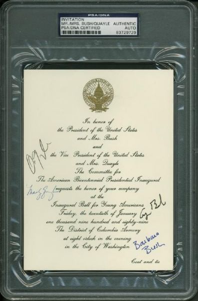 1989 Inauguration: George & Barbara Bush, Dan & Marilyn Quayle Signed Invitation (PSA/DNA Encapsulated)