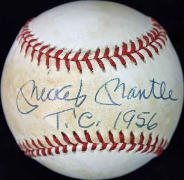 Mickey Mantle Signed "T.C. 1956" OAL (Brown) Baseball (PSA/DNA)