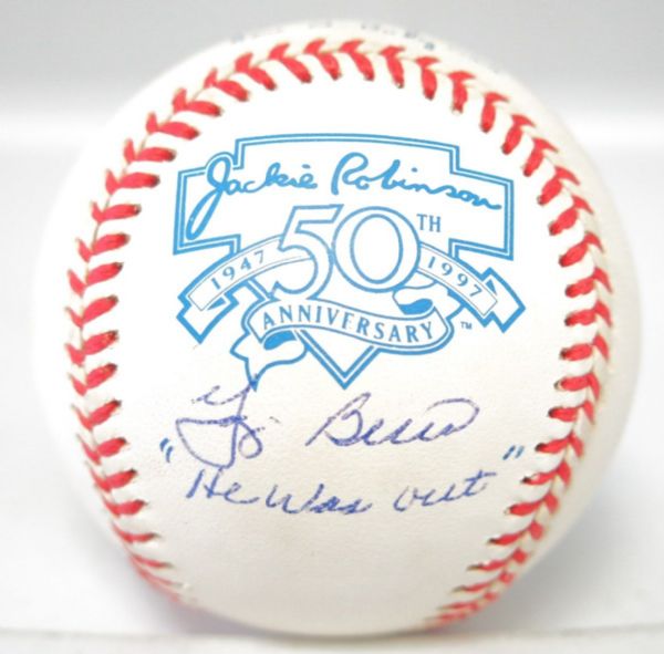 Yogi Berra Signed Jackie Robinson 50th Anniversary OAL Baseball w/ Rare "He Was Out" Inscription! (JSA)
