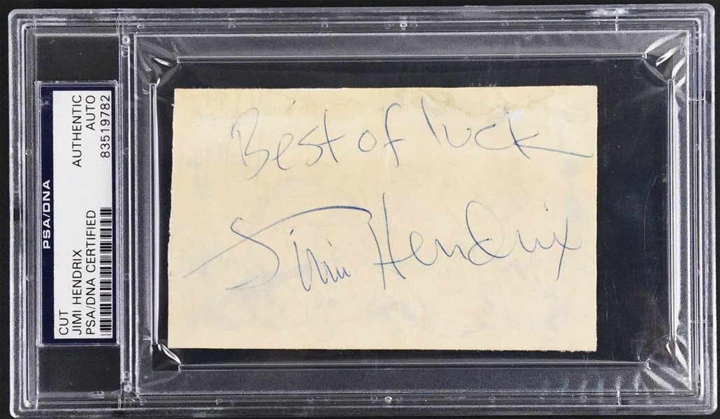 Jimi Hendrix ULTRA-RARE 3" x 5" Signature w/ "Best of Luck" Inscription (PSA/DNA Encapsulated)