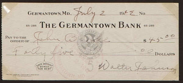 Walter Johnson Signed & Hand Written 1943Personal Bank Check (PSA/JSA Guaranteed)