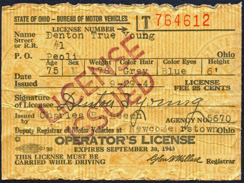 Cy Young Signed 1942 Ohio Drivers License with RARE Full Name Autograph (PSA/DNA NM-MT 8)