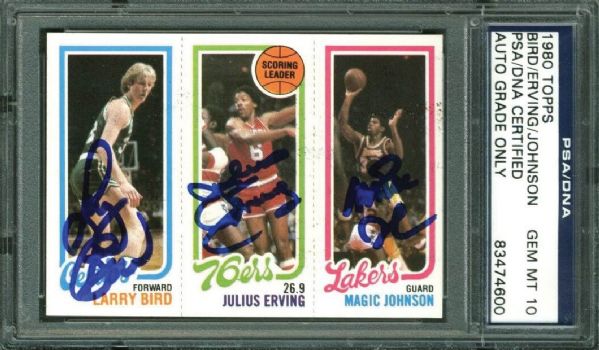 1980-81 Topps Multi-Signed Magic Johnson, Larry Bird & Julius Erving Card - Magic & Birds Rookie - PSA/DNA Graded GEM MINT 10!