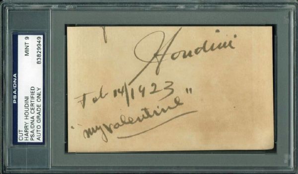 Harry Houdini Superbly Signed 2.5" x 5" Album Page w/ "My Valentine" PSA/DNA Graded MINT 9!