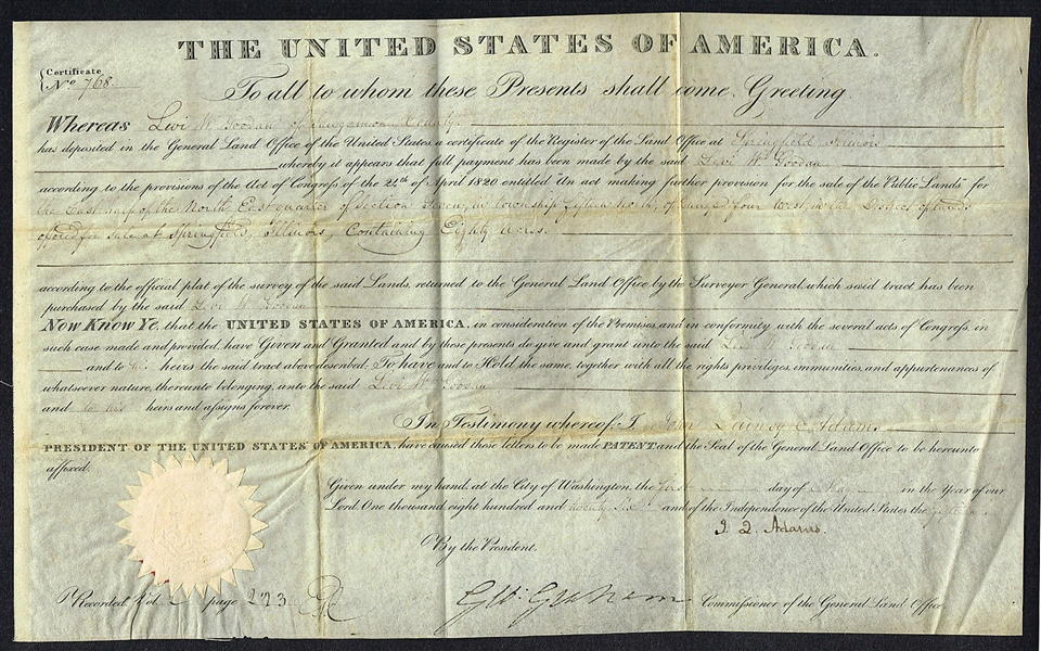 John Quincy Adams Signed Presidential Land Grant Document c. 1826 (PSA/DNA)