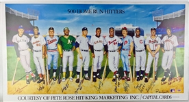 500 Home Run Club Signed Ron Lewis Art Poster (11 Sigs) w/Mantle, Williams, etc & Hand Written Home-Run Totals! (PSA/DNA)